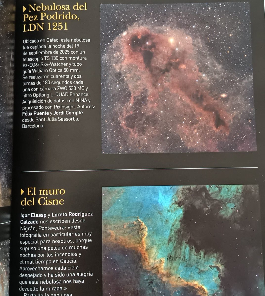 Volem felicitar als #astrofotograf Fèlix Puente i Jordi Compte per la publicació de la seva astrofotografia de la #Nebulosa peix podrit en la revista astronomia del mes de novembre.Molt bona feina companys!