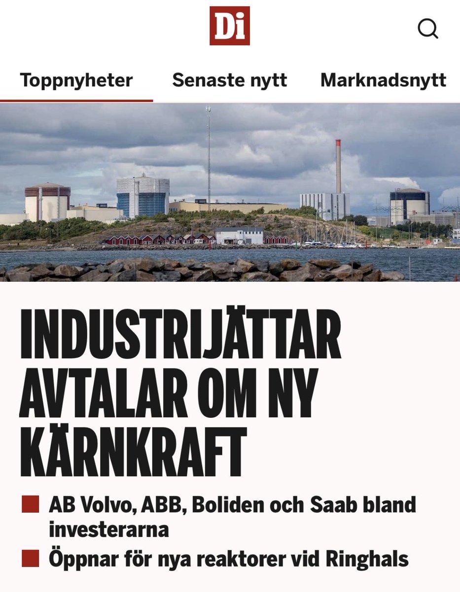 Just nu: 

Nio svenska industribolag, däribland Volvokoncernen och ABB, går nu in och satsar pengar på att bygga ny kärnkraft vid Ringhals. Den här regeringen banade väg för det. Socialdemokraternas vänner MP vill stoppa det. MP kan inte ges makten över svensk energipolitik igen.