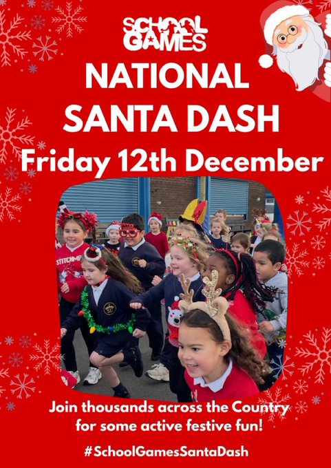 BexSchGames's tweet photo. 🎅🏼It’s nearly time for the School Games National Santa Dash! 
🗓️Friday 12th December is the date!  
🧑‍🎄Dig out your  hats and get ready to  join in the active festive fun! 
#SchoolGamesSantaDash https://t.co/y7JgNkDGOa