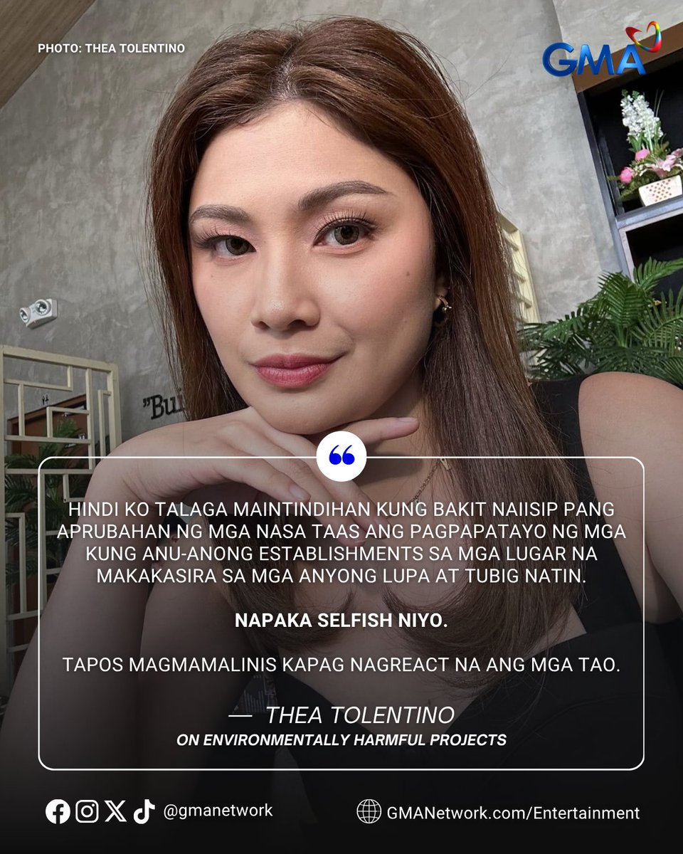 gmanetwork's tweet image. Kapuso actress #TheaTolentino, nagbahagi ng kanyang saloobin tungkol sa mga proyektong nakakasira sa kalikasan. 🍃

#KapusoTalks
#KapusoShowbizNews