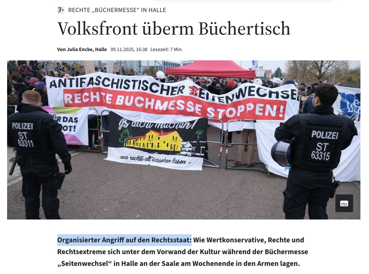 Buchmesse in Halle: „Organisierter Angriff auf den Rechtsstaat.“ 
Liebe <a href="/faznet/">Frankfurter Allgemeine</a>, nur weil ihr schlecht gelaunt dem neuen Zeitgeist hinterherhinkt, immer noch „gegen Rechts“ kämpft, statt die desaströse Lage Deutschlands zu erfassen, müsst ihr nicht so eine zum Himmel stinkende