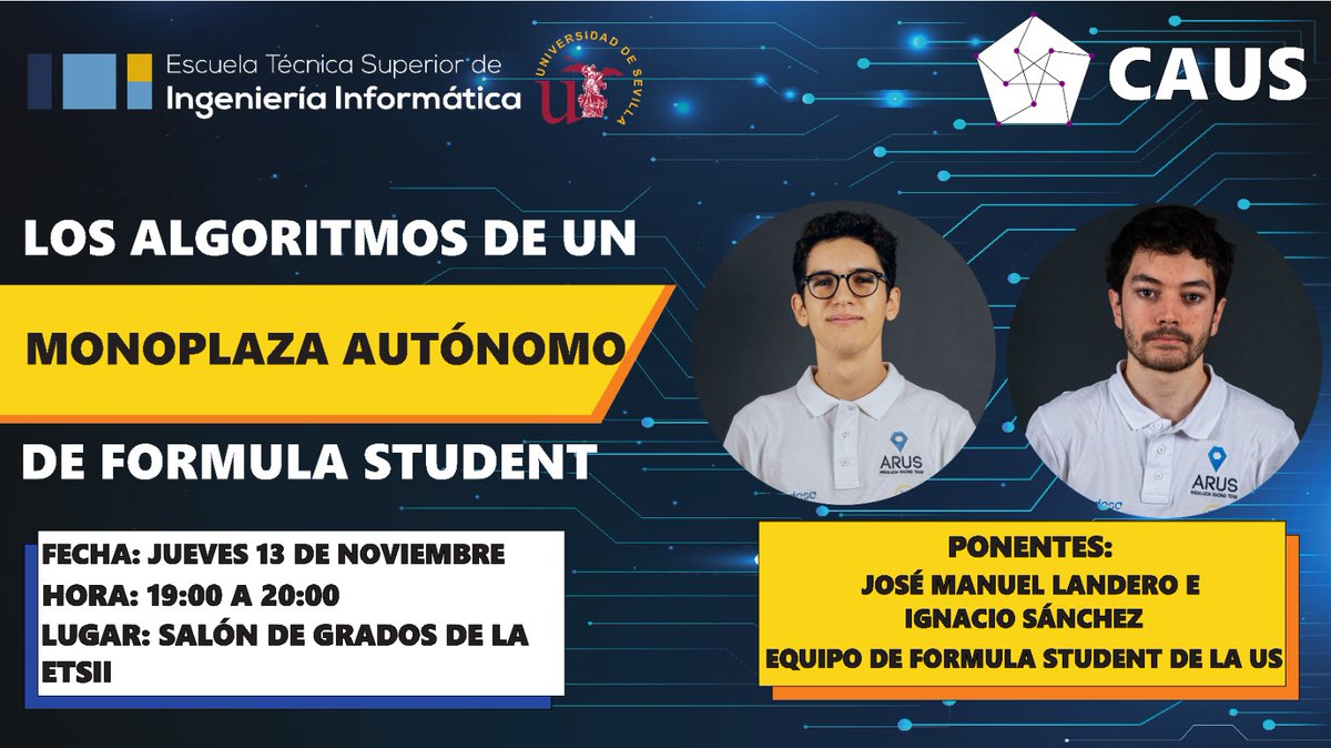 algoritmiaus's tweet image. 🏎️Los algoritmos de un monoplaza autónomo de Formula Student
¿Cómo consigue un coche autónomo competir sin conductor?
El equipo ARUS Formula Student de la Universidad de Sevilla nos lo cuenta en una charla del Club de Algoritmia.
📅13 de noviembre 19:00-20:00
📍Salón de Grados
👇