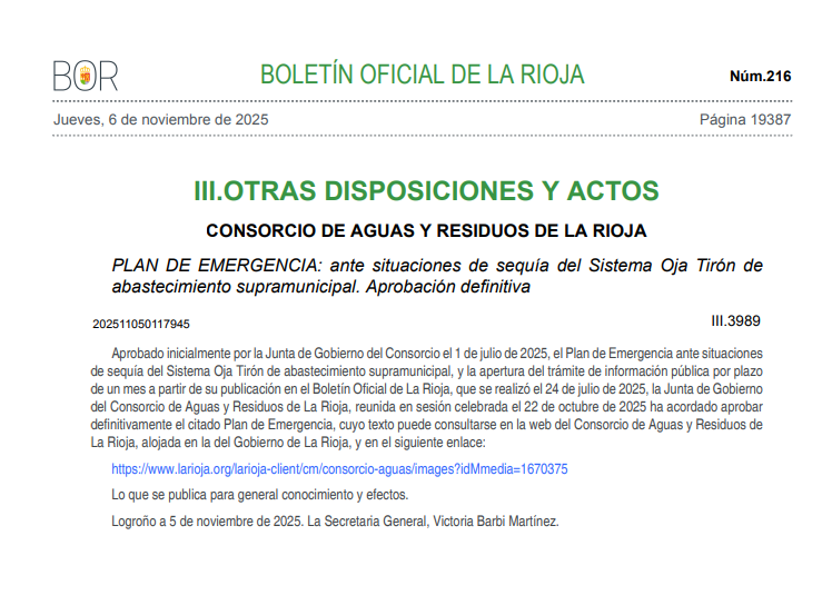 ☀️💧Aprobación definitiva PLAN DE EMERGENCIA: ante situaciones de sequía del Sistema Oja Tirón de #abastecimiento supramunicipal.

📰Texto completo en:
larioja.org/larioja-client…