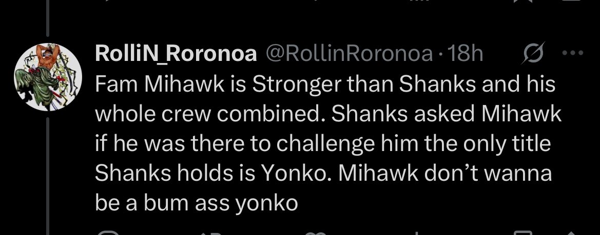 Luffys_Primo42's tweet photo. @detecto01652423 @RollinRoronoa Hey dickhead this is what you were replying under and no 1v1 and a whole crew jumping you with coordination is much different, zoro for instance is strong enough to hold mihawks attention while the others get combos off 

The hawk isn’t a fool he knows his strengths https://t.co/WL0xZfTEvF