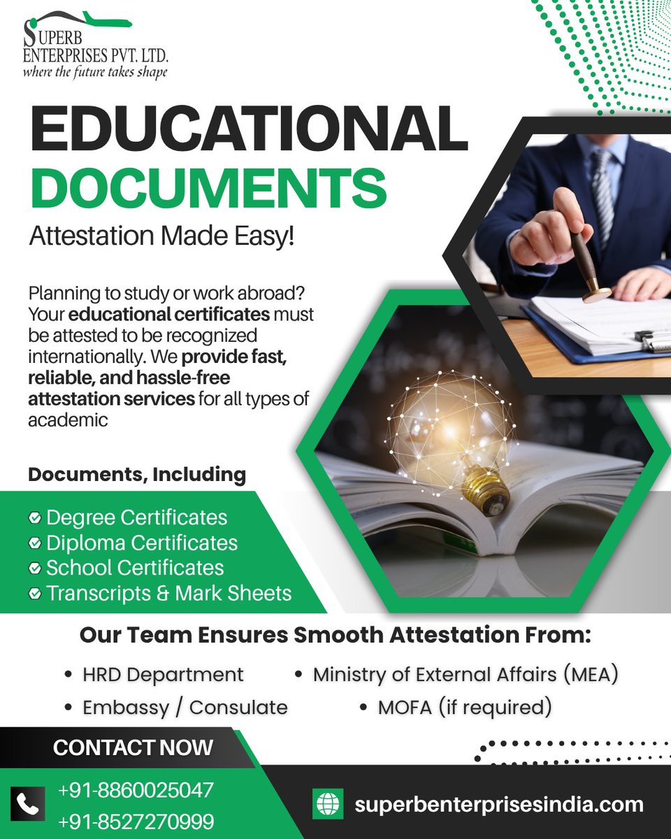 seplgroup's tweet image. Superb Enterprises makes attestation simple, fast, and fully reliable. From degrees to transcripts, we handle it all.
Call us: +91-11-41855999 | 🌐 superbattestation.com&quot;
#superbenterprises #legaldocuments #apostilleservices #GlobalVerification #DocumentAttestation