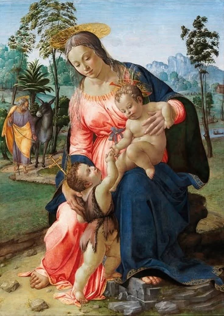"Repos pendant la fuite en Égypte avec l'Enfant Saint Jean" de Francesco Granacci vers 1504.
Mon avis :
J’aime beaucoup les tons de cette œuvre qui mérite d’être exposée et admirée, mais sans toutefois rivaliser avec les chefs‑d’œuvre de la Renaissance.