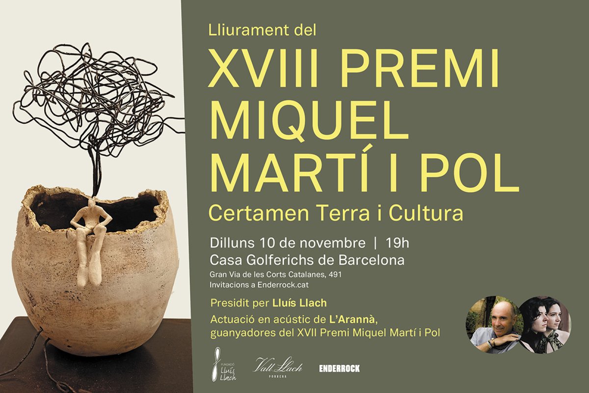 ✨ Avui es desvela el XVIII Premi Miquel Martí i Pol ✨

A les 19h, a Casa Golferichs de Barcelona, s'anunciaran els guanyadors del Certamen Terra i Cultura 2025 (<a href="/f_lluisllach/">Fundació Lluís Llach</a>). Tots els detalls! ⬇️⬇️
enderrock.cat/noticia/30401/…