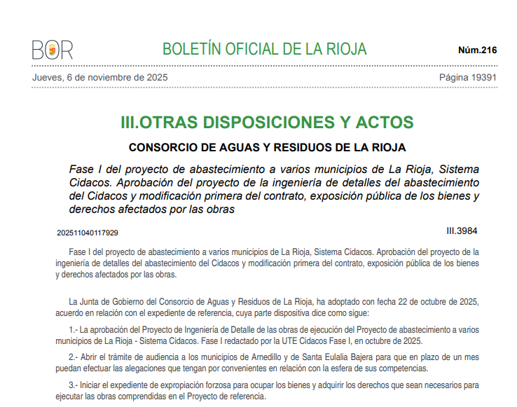 📰Aprobación del proyecto de abastecimiento del Cidacos y modificación 1ª del contrato, exposición pública de los bienes afectados por las obra. Fase I del proyecto de #abastecimiento a varios municipios de La Rioja, Sistema #Cidacos.
ias1.larioja.org/boletin/Bor_Bo…