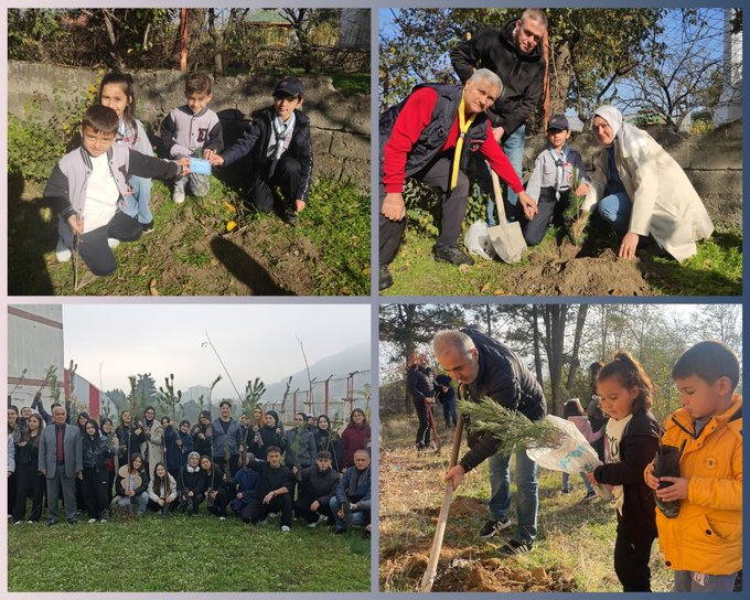 Four-panel collage shows groups of children and adults engaged in tree planting. Top left: Children in jackets hold a banner outdoors. Top right: Children and adults in casual clothes pose together smiling. Bottom left: Children kneel on ground planting yellow flowers with shovels. Bottom right: Large group of students and teachers in various attire plant saplings on grassy field holding tools and trees.