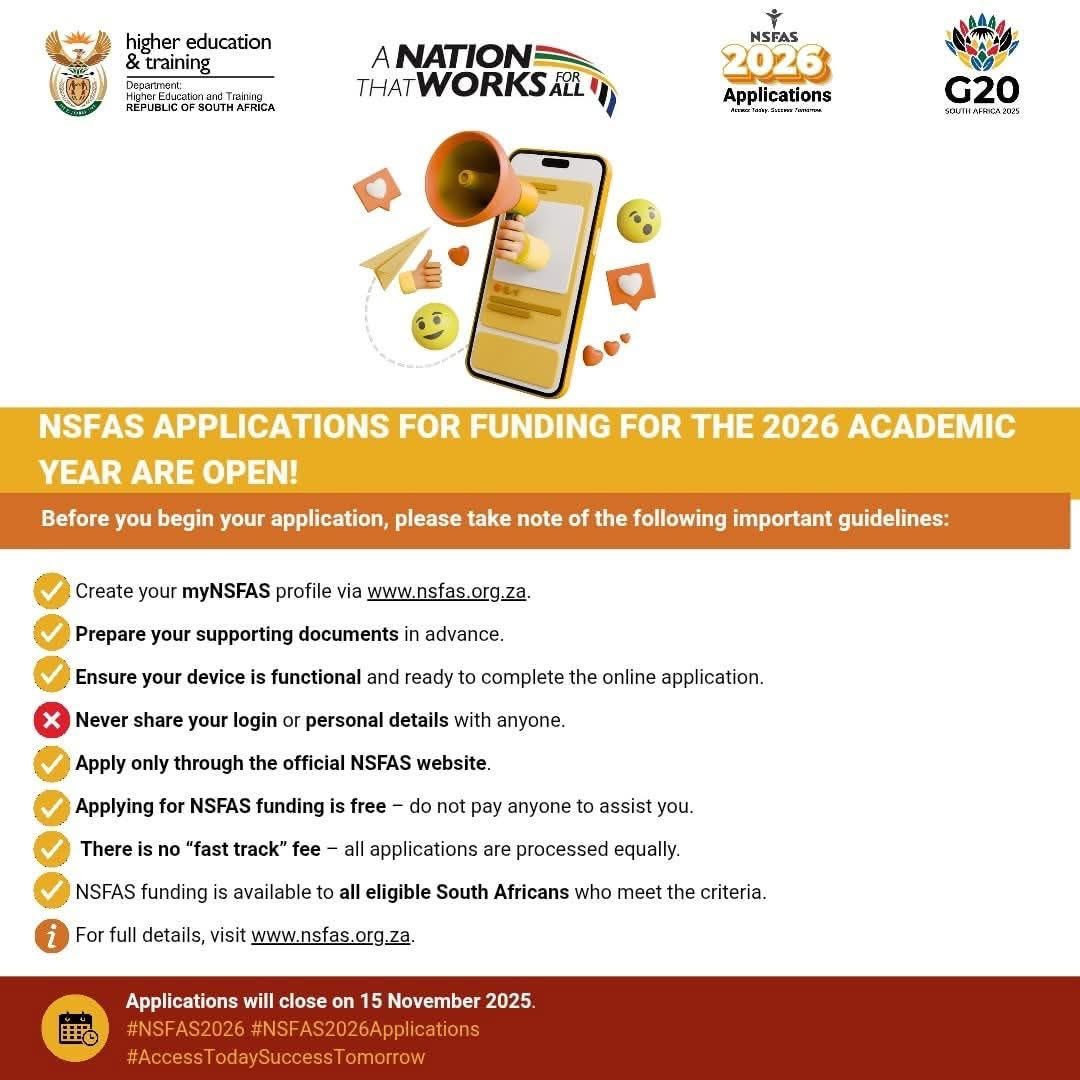 📢🔊 5 Days left to apply for NSFAS funding for 2026

✅ Create your myNSFAS profile
📄 Prepare your supporting documents

Apply only via nsfas.org.za

🗓️ Applications close 15 November 2025

#NSFAS2026 #NSFAS2026Applications 
#HigherEducation 
#PSETSector