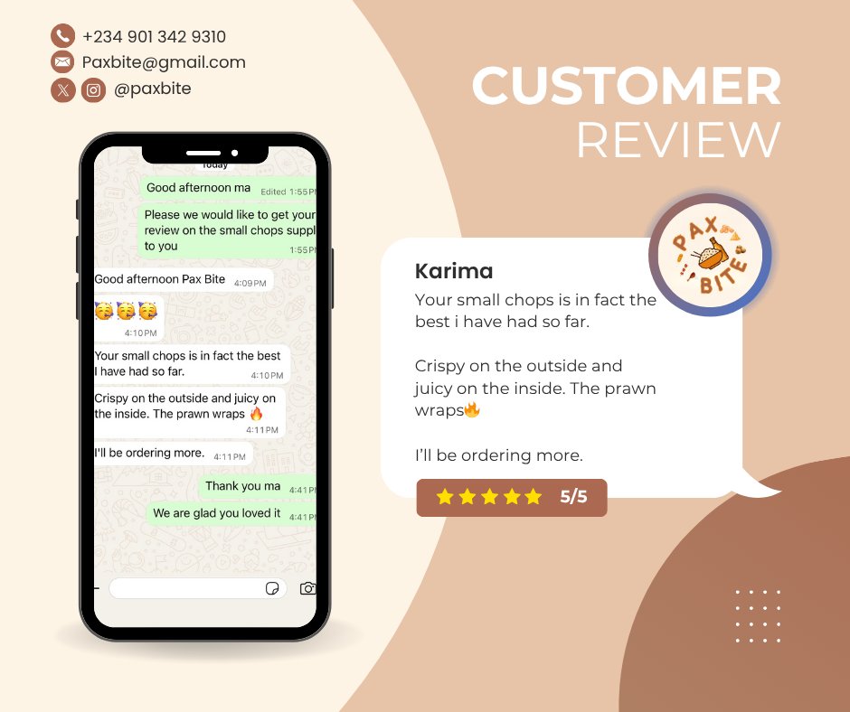 paxbite's tweet image. Customer satisfaction is extremely important to us. See what our customers have to say about Paxbite small chops 🥳

#paxbite #smallchops #smallchopsvendor #smallchopsinlagos #explore #parties #weddings #birthdays #events #officeparty #drink #eat #fun #cravings #cravingssatisfied