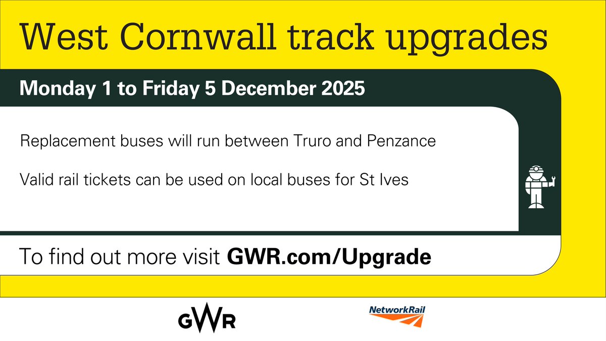 GWRHelp's tweet image. ⚠️West Cornwall track upgrades ⚠️

📅 Monday 1 to Friday 5 December

ℹ️ To find out more, go to gwr.com/Upgrade