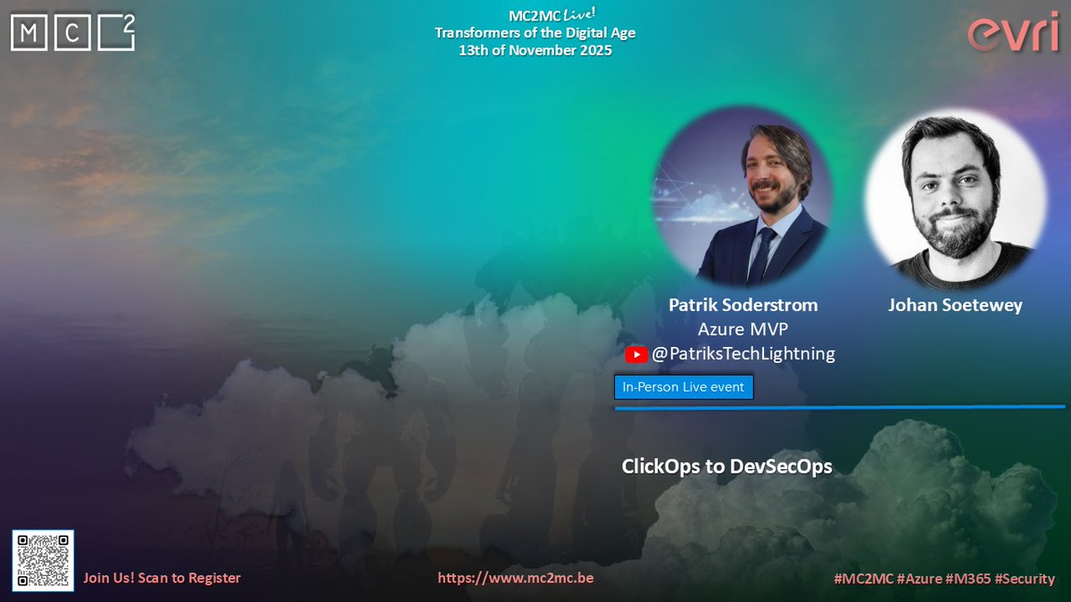 mc2mcbe's tweet image. We’re thrilled to announce that Patrik Soderstrom and Johan Soetewey will be presenting at MC2MC Live: Transformers of the Digital Age! 🤖

📅 Thu, Nov 13  
🎟️ mc2mc.be/mc2mc-live-tra… 

#MC2MC #MC2MCLive #Community #CommunityPower #Microsoft #Azure #Security #M365