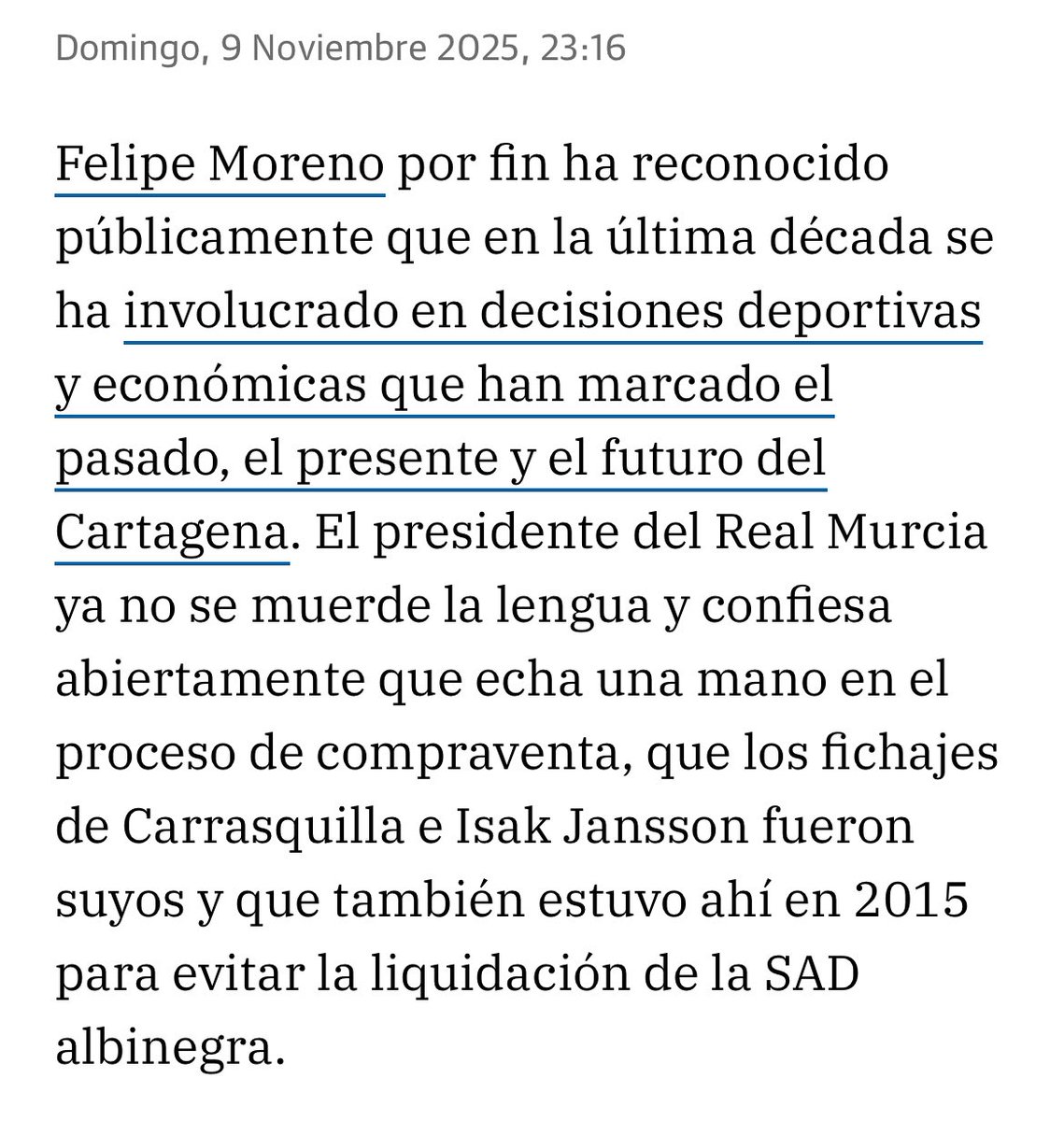 Y ahora que? Si el mismo lo reconoce… Como se digiere esto? Se va a permitir que el dueño Del Real Murcia condicione el futuro del <a href="/FCCartagena_efs/">FC Cartagena</a> ?
<a href="/CTNoTraidores/">#NosotrosSomosElEfesé 🖤🤍</a> <a href="/fpfcct/">Federación de Peñas FC Cartagena</a> <a href="/AytoCartagenaES/">Ayuntamiento de Cartagena</a>