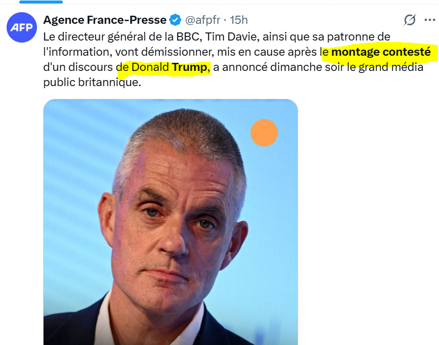 Allô, l'Agence France Presse ? Le montage du discours de Donald Trump (qui a entrainé la chute du directeur de la BBC) n'est pas "contesté"... Il était totalement falsifié, frauduleux et mensonger. 
Quand allez-vous arrêter de dénaturer  l'info à coup de novlangue et de