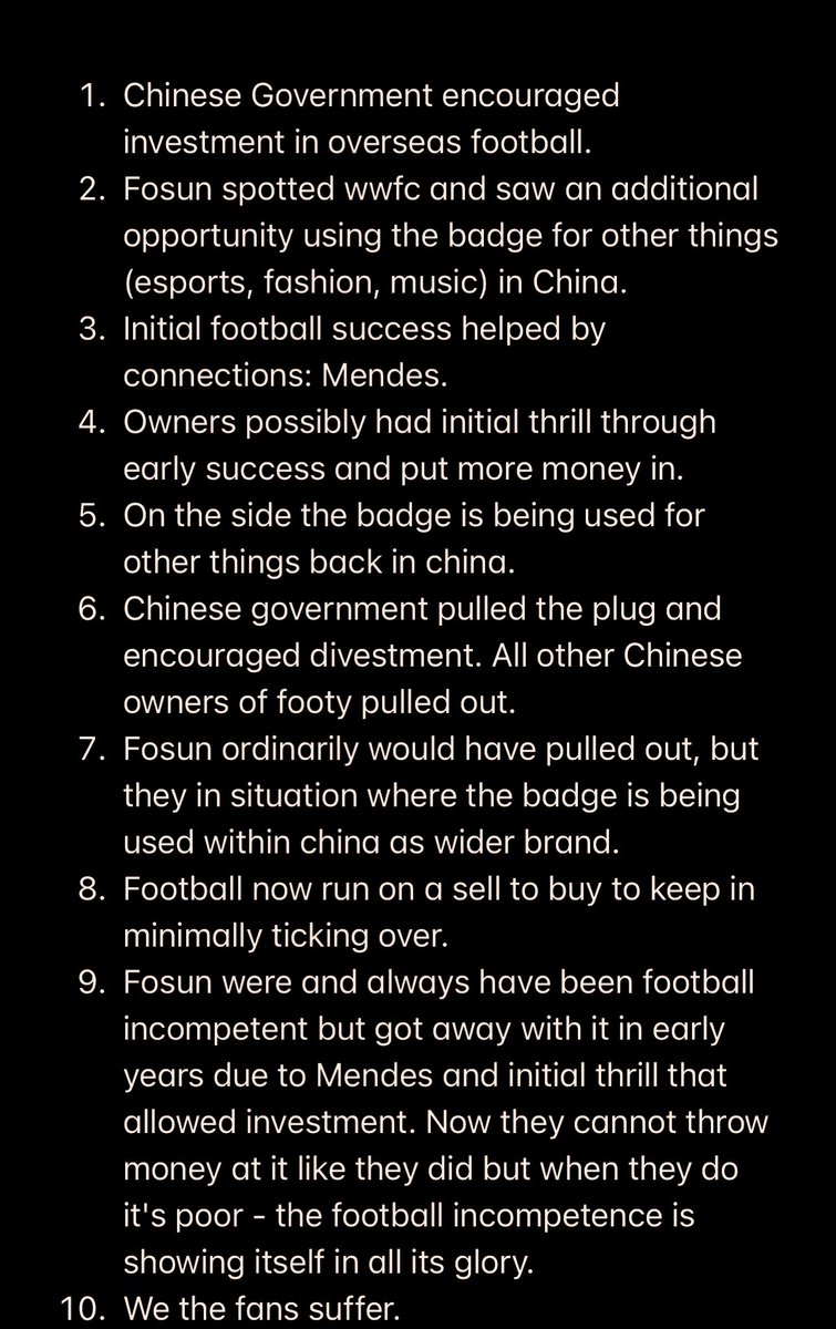 Net_Architect's tweet image. See a lot of questions of why we are in the position we are in. Here is my take on what could be going on.
PS I am in no way defending anyone, Fosun do need to go. The fans, players and staff of this magnificent club need a clean slate with new ownership. Deserve better #wwfc