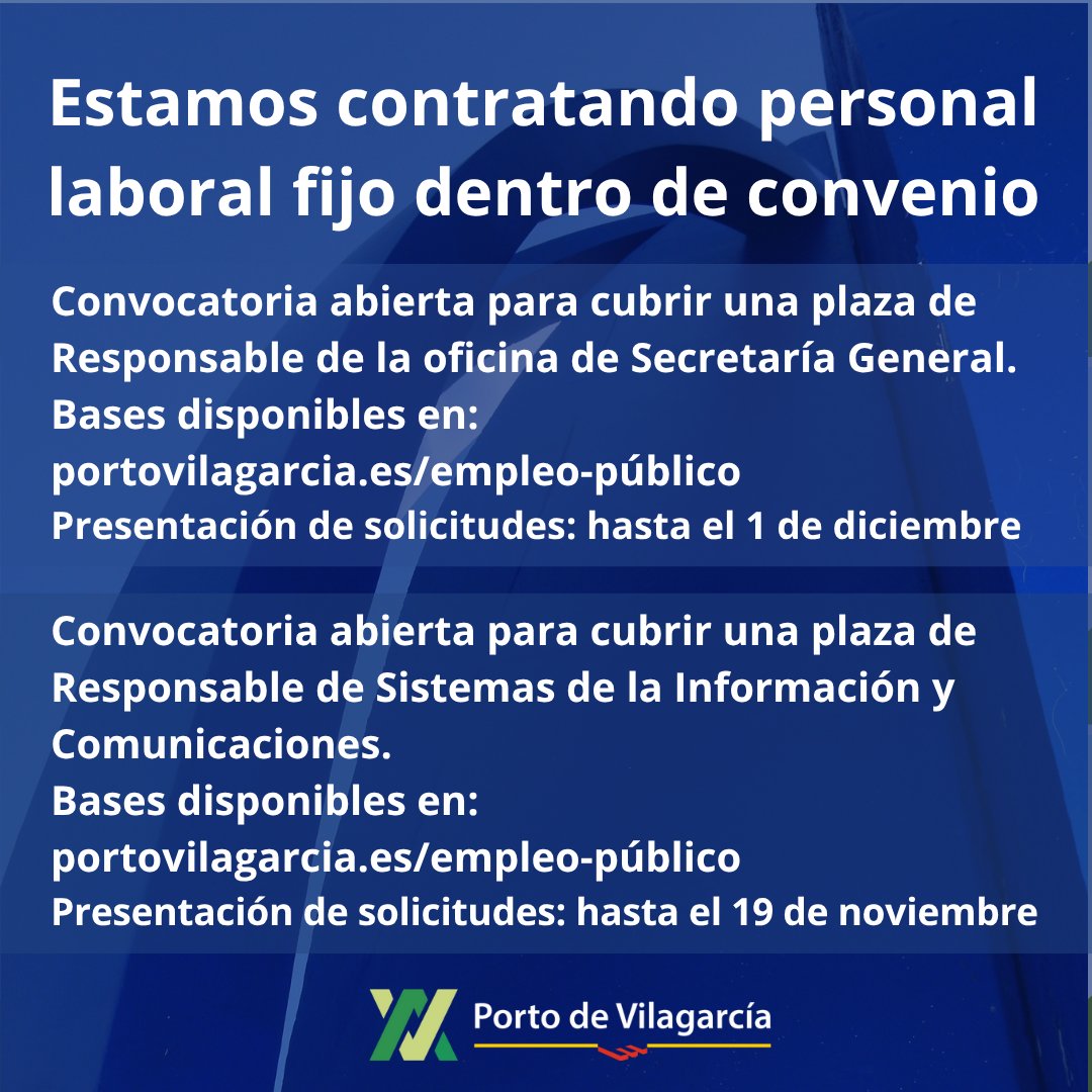 La Autoridad Portuaria  de Vilagarcía tiene abiertos dos procesos para la selección de personal  laboral fijo dentro de convenio. Si tienes vocación de servicio público y  te gustaría trabajar en la Autoridad Portuaria, te animamos a  informarte a través de nuestra web.