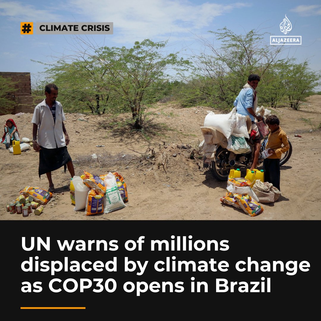 AJEnglish's tweet image. Climate-related disasters and conflict have displaced millions of people across the globe, the UN has warned before the opening of its #COP30 conference in Brazil aje.io/fc4xa4