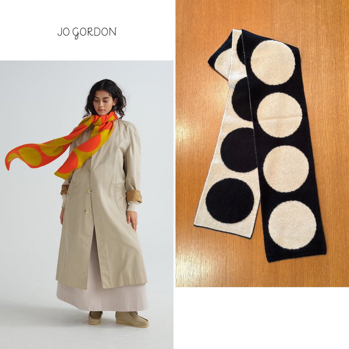 MANOAinter's tweet image. New Arrival🫧JO GORDON

黒×ベージュのドット柄ニットロングマフラーは、表裏で逆色パターンになっています。シンプルでメリハリの効いた色柄は、コーディネート全体を引き締めて、ブラッシュupしてくれそう🖤
歳を重ねてもキュートに楽しめる、モノトーン水玉はやっぱり最強！
¥40700
#jogordon