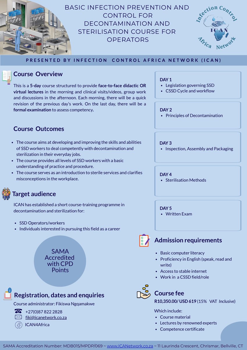ICAfricaNetwork's tweet image. 🧽 Enhance your CSSD skills 2026

Join our Basic Decontamination and Sterilisation Course for Operators and strengthen your role in infection prevention and patient safety.
📅 23–27 March 2026
👉Apply now: forms.office.com/r/D50RNLJRfM

#Decontamination #Sterilisation #CSSD