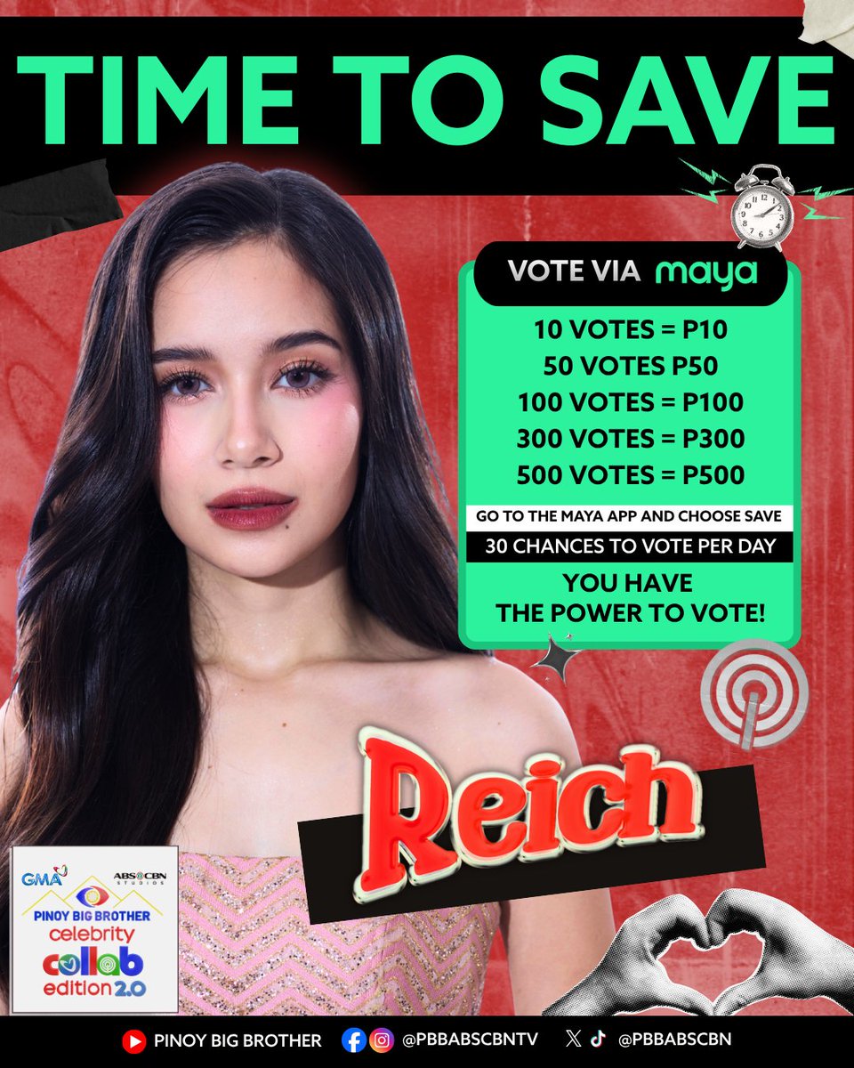 Vote to save REICH with Maya! ✨🏠

Nasa inyong mga kamay kung sino nga ba ang mga dapat pang manatili sa loob ng Bahay Ni Kuya! ❤️

How to vote via Maya 📲
1. Download the Maya app (it’s FREE)
2. Cash in before voting
3. Tap the PBB Icon
4. Choose the PBB Housemate you want to