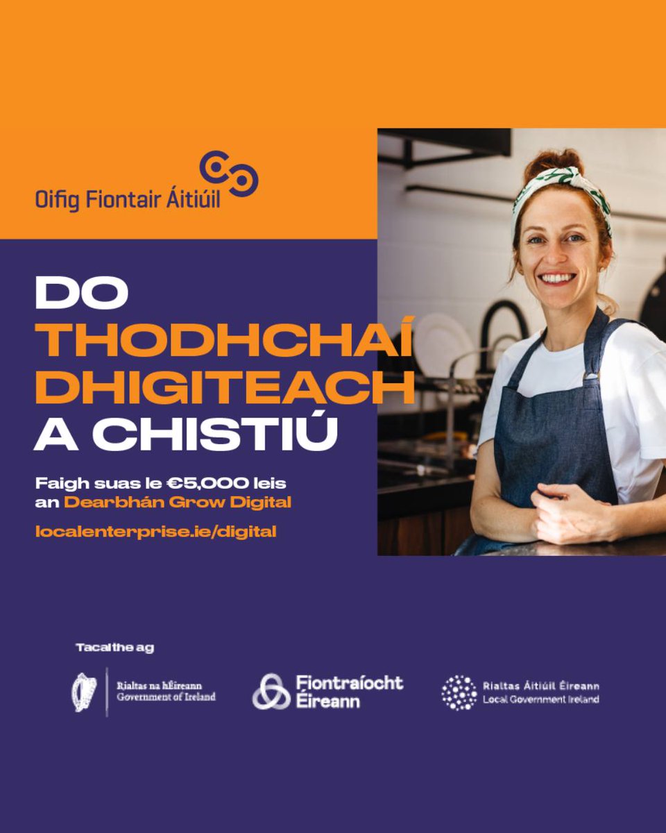 Do thodhchaí dhigiteach a chistiú!

Faigh suas le €5,000 leis an Dearbhán Grow Digital.

localenterprise.ie/digital
