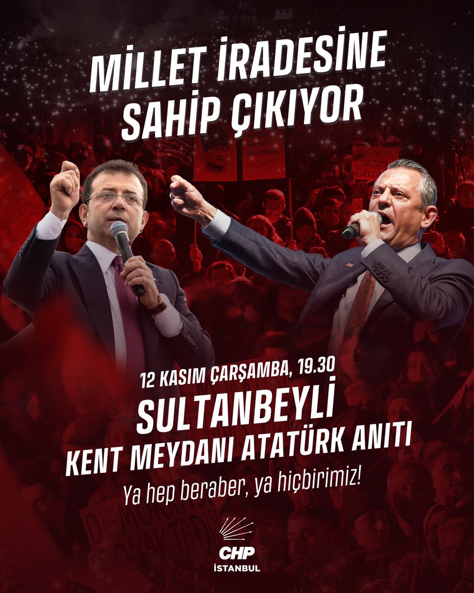Hakkımızı, halkın iradesini ve adaleti savunuyoruz. 

Genel Başkanımız Özgür Özel öncülüğünde, Cumhurbaşkanı adayımız Ekrem İmamoğlu ve tüm yol arkadaşlarımıza özgürlük demek için buluşuyoruz.

📍 Sultanbeyli Kent Meydanı
 🗓️12 Kasım Çarşamba | 19.30