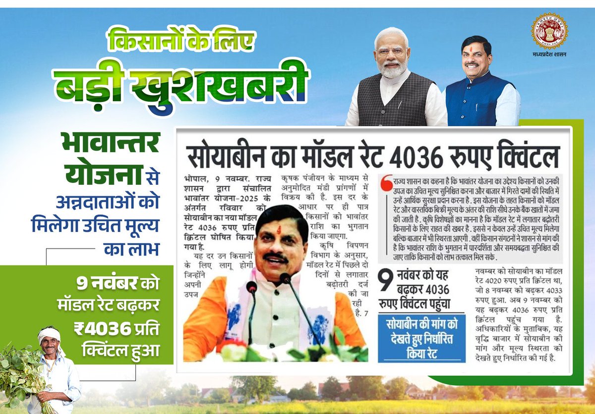 minmpkrishi's tweet image. किसानों के लिए बड़ी खुशखबरी
---
✅भावान्तर योजना से अन्नदाताओं को मिलेगा फसल का उचित मूल्य 
✅9 नवंबर को सोयाबीन का मॉडल रेट बढ़कर ₹4036 प्रति क्विंटल हुआ

#भावान्तर_योजना 
#MadhyaPradesh 
#FarmersFirst