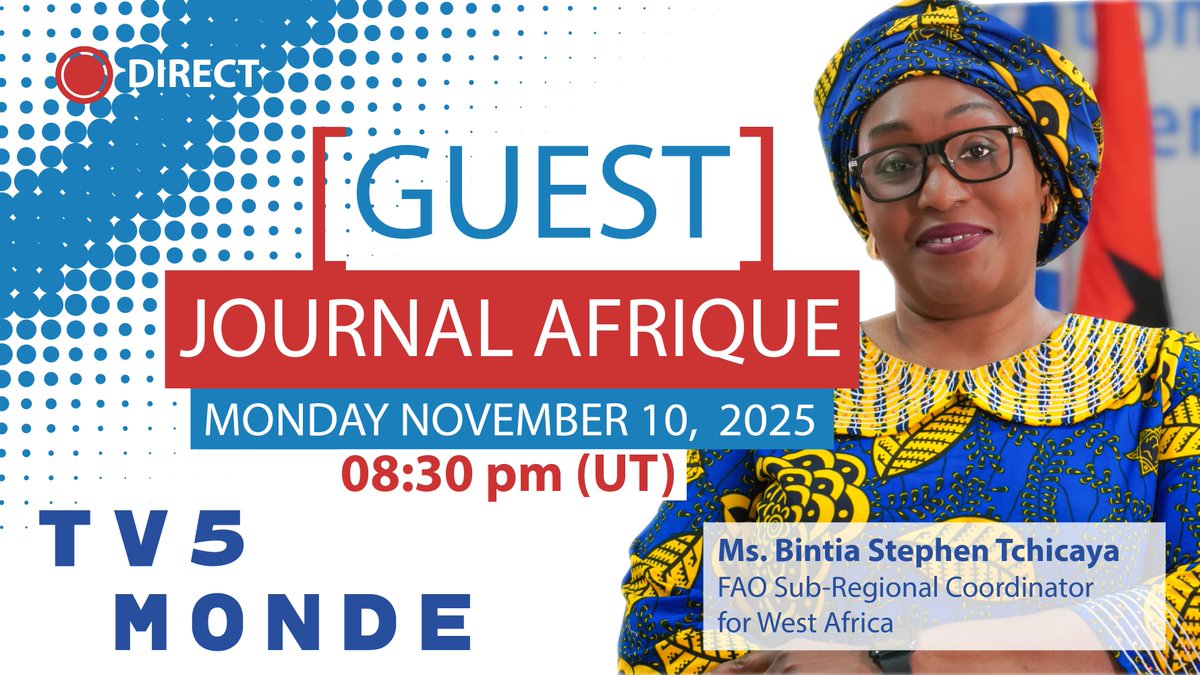 📺 Don’t miss it!
Ms. <a href="/BTchicaya/">Bintia Stephen Tchicaya</a>, <a href="/FAO/">Food and Agriculture Organization</a> Sub-Regional Coordinator for <a href="/FAOWestAfrica/">FAO West Africa</a>, will be the guest on <a href="/JTAtv5monde/">Le journal Afrique TV5MONDE</a> on <a href="/TV5MONDE/">TV5MONDE</a>.
👉 Tune in for a discussion on resilience, food security, and sustainable development.
#FAO80 #FAOSFWMDT17 #FoodSecurity