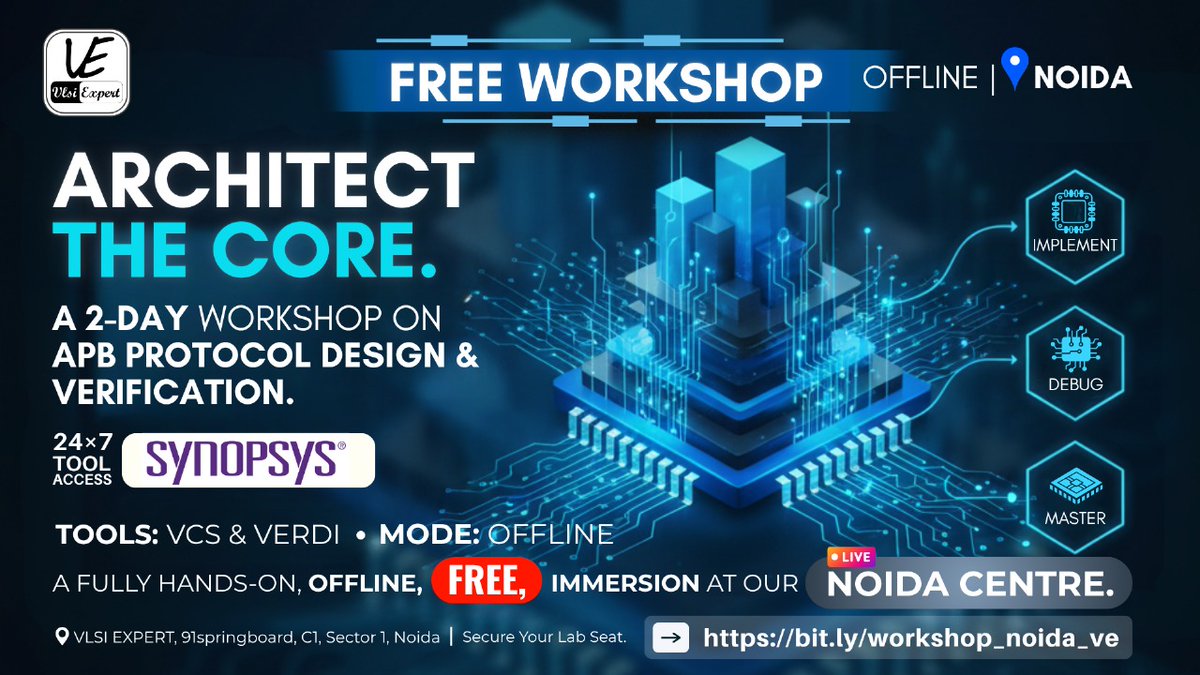 vlsi_expert's tweet image. 🚀 Free Hands-On Workshop!
Design &amp;amp; Verify the AMBA APB Protocol 

📅 15–16 Nov | 📍 Noida
💻 Offline | 🎓 Certificate Provided
Master Verilog/SV on VCS &amp;amp; Verdi

💥 Free Entry — Limited Seats!
👉 bit.ly/workshop_noida…

#VLSI #APBProtocol #VLSIExpert #FreeWorkshop #ChipDesign