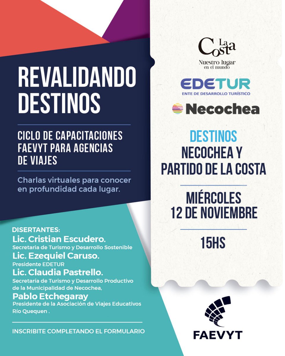 🌊🏖️ ¡Seguimos revalidando destinos!
FAEVYT te invita a una nueva capacitación para conocer en profundidad dos increíbles lugares turísticos: Necochea y Partido de La Costa 💙

📅 Miércoles 12 de noviembre
🕒 15 hs
👉 Inscribite forms.gle/oZ1E12rqhMUCzC…
#RevalidandoDestinos