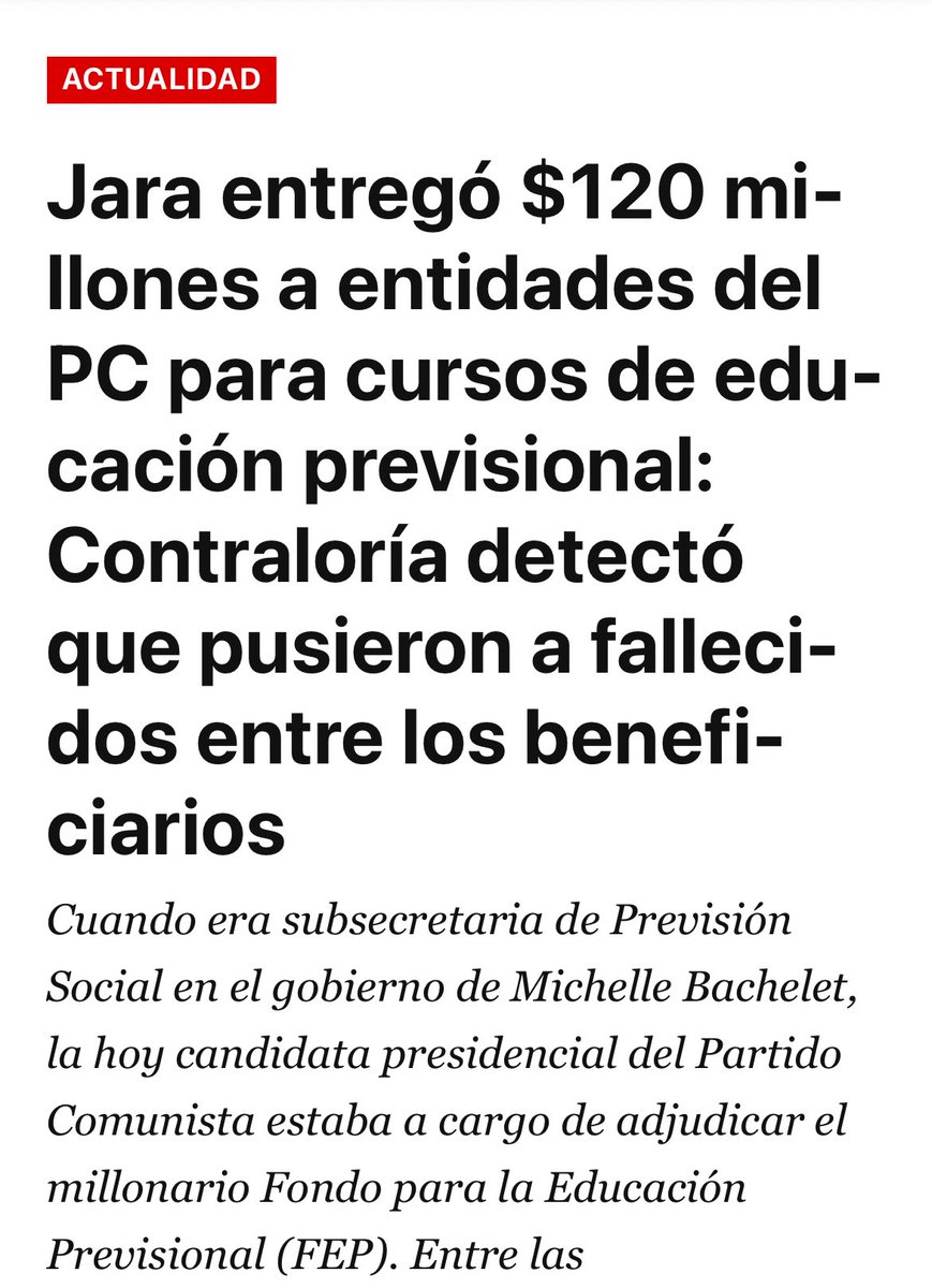 “Jeannette Jara”

Porque se descubrió que le entregó 120 millones de pesos a fundaciones ligadas al partido comunista, había hasta personas muertas entre los beneficiarios☠️
