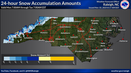 Hazardous Weather Update 11.10.25: A Winter Storm Warning and a Winter Weather Advisory are currently in place for portions of Western NC, where the heaviest snowfall is expected. Travel in the mountains will be hazardous, so prepare now for winter storm conditions. #ReadyNC