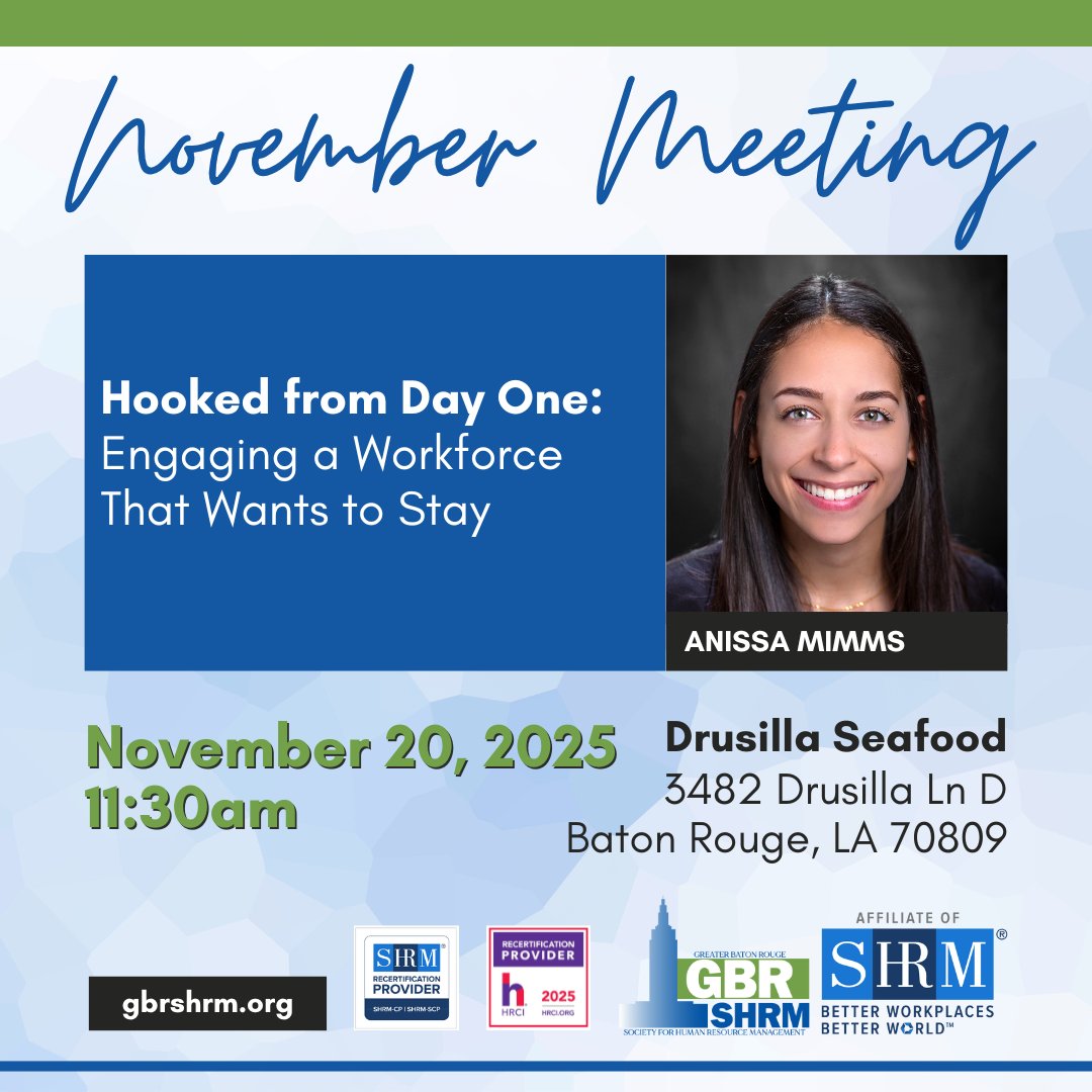 Join us for our last chapter meeting of 2025 on Thursday, November 20, 11:30am at Drusilla Seafood!  Not a member yet? Join today: gbrshrm.wildapricot.org/join-us. #HRProfessionals #SHRM