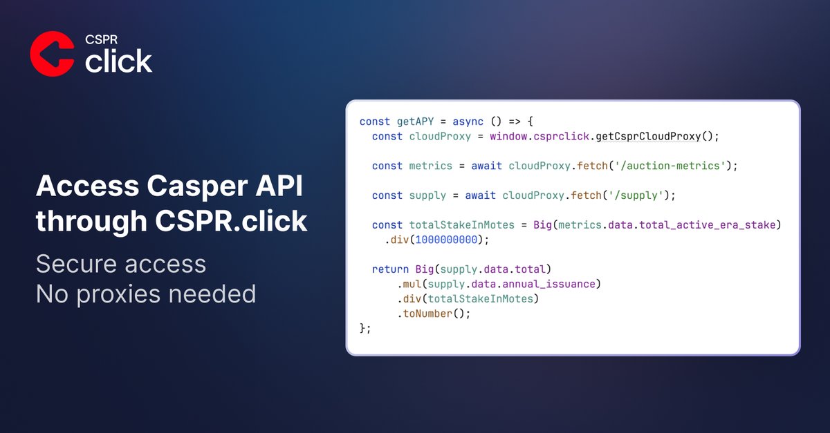WeAreTeamMAKE's tweet image. CSPR.click 1.12.0 is live! 🥳

It now allows access to CSPR.cloud APIs from the client-side, making it easier to build on Casper.

Check out examples in the docs 👉docs.cspr.click/cspr.click-sdk…