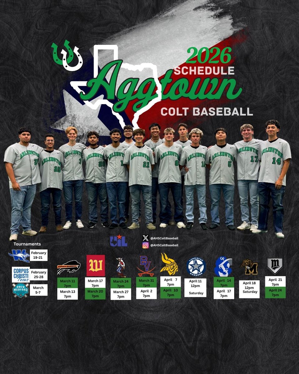 AHSColtBaseball's tweet image. 2026 schedule 🔥
Same mission. New chapter.
Led by our seniors who Set The Tone every day.
#AGGTOWNCOLTS #ColtBaseball #DoItAnyway #HighSchoolBaseball @ArlingtonHigh