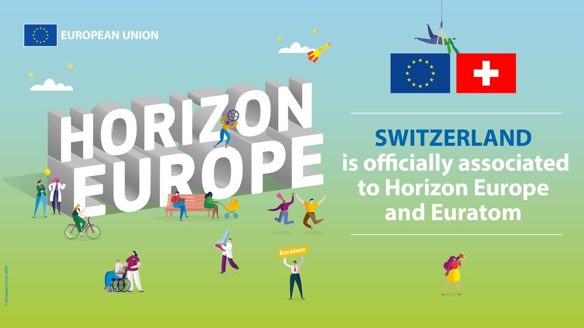 HorizonEU's tweet image. It’s official!

Switzerland joins #HorizonEU &amp;amp; #Euratom Research &amp;amp; Training, the EU’s programmes for R&amp;amp;I!

Swiss researchers &amp;amp; organisations can now fully collaborate on research, innovation &amp;amp; digital transformation, driving solutions across Europe.

🔗 link.europa.eu/G4Jfjw