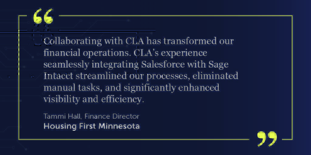 Integrating Salesforce with Sage Intacct resulted in substantial enhancements to Housing First Minnesota’s operations. Learn how much time they saved and how CLA helped. godigital.claconnect.com/insights/case-…