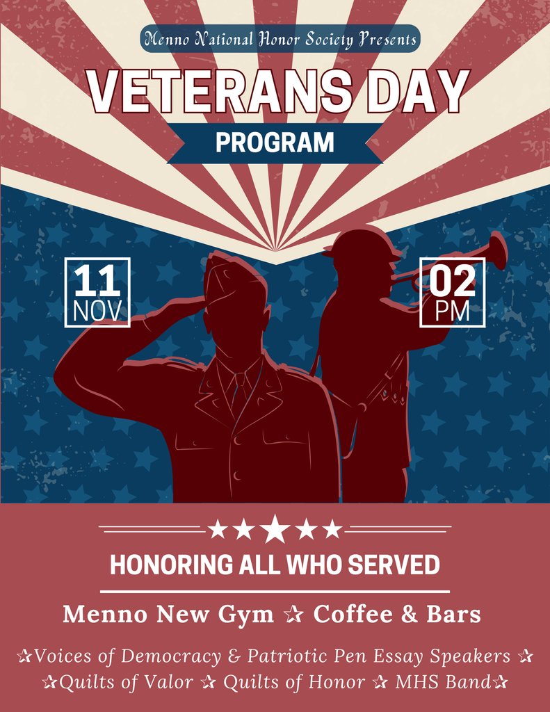 MennoWolves's tweet image. Join us tomorrow at 2pm in the New Gym for our Veterans Day Program! Coffee and Bars will follow in the Old Gym.