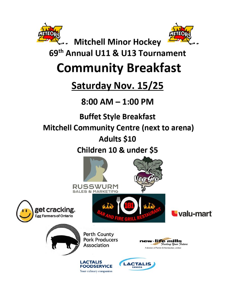 Please see attached details for this weekend's upcoming Mitchell Minor Hockey U11/U13 Tournament Community Breakfast.  All are welcome!