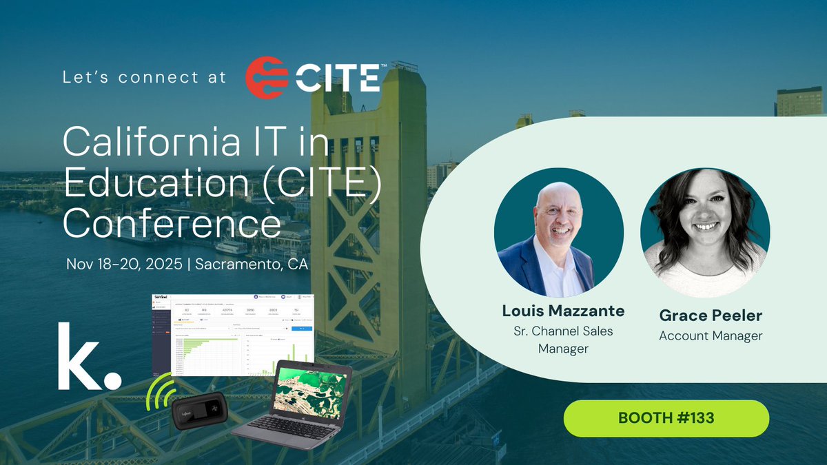 Kajeet's tweet image. Team Kajeet is excited to exhibit at the CITE (California IT in Education) Conference! Visit us at Booth #133 to learn about secure, filtered connectivity—SmartBus Wi-Fi, hotspots, private LTE/5G, and more. hubs.ly/Q03SpGwc0