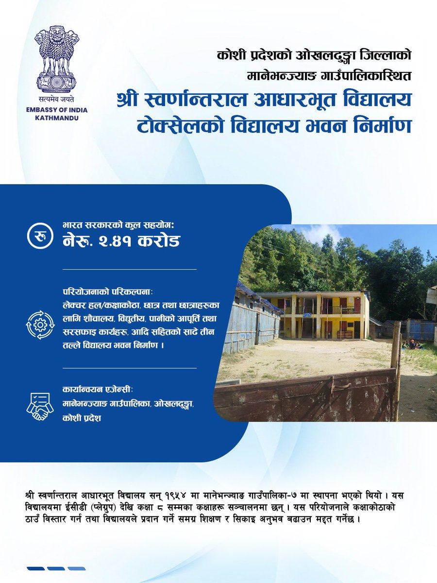 IndiaInNepal's tweet image. #India-#Nepal: विकासमा साझेदारहरू 

ओखलढुङ्गा जिल्लाको मानेभन्ज्याङ गाउँपालिकास्थित श्री स्वर्णान्तराल आधारभूत विद्यालय, टोक्सेलको विद्यालय भवन निर्माणको लागि आज शिलान्यास गरिएको छ। यो उच्च प्रभाव सामुदायिक विकास परियोजना #HICDP भारत सरकारको आर्थिक सहयोगमा निर्माण भइरहेको छ।