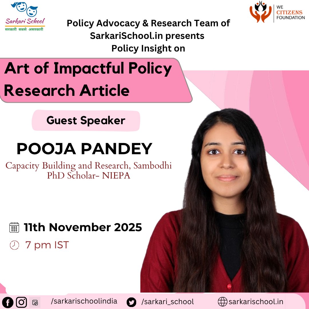 Join us for an insightful Policy Insight Session!

The Art of Impactful Policy Research Article
November 11, 2025 | 7:00 PM
Link: youtube.com/c/SarkariSchoo…

Speaker- Ms. Pooja Pandey, Capacity Building and Research Professional at Sambodhi and PhD Scholar at NIEPA.

#sarkarischool