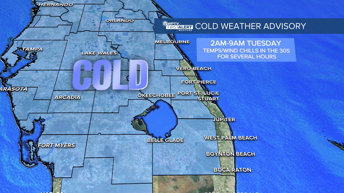 Thi big chill coming tonight!  Temps drop down into the 40s with wind chills in the 30s 🥶 Cold weather Advisory for tomorrow morning. Highs in the afternoon staying in the 60s. #flwx #southfl #florida
