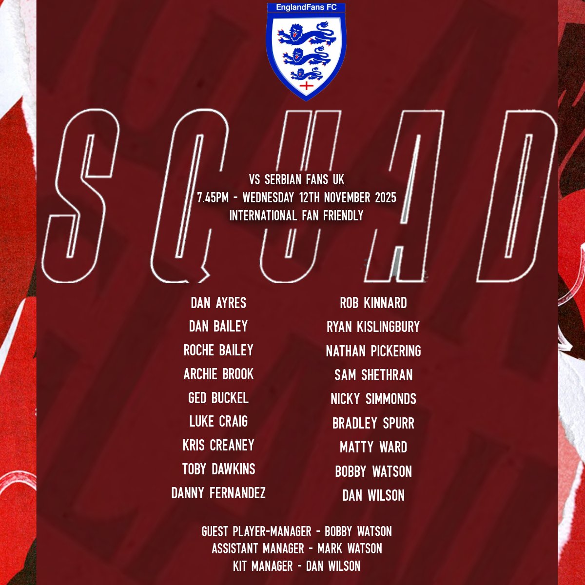 Here is your 18 man squad to face Serbia on Wednesday at <a href="/BrookHouseFC/">Brook House FC</a>