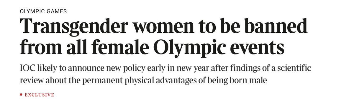 This is what we have been waiting for. The IOC will do the right thing -- ban men from women's sports. 

There was no scientific review needed if you just used basic reasoning and ... your eyes. But we got there. 

Kudos to the IOC.