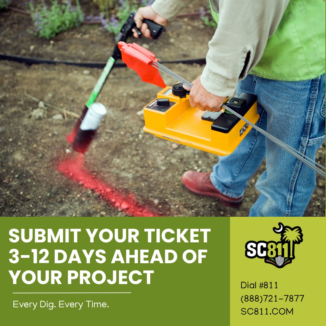 sc_811's tweet image. Start by submitting your ticket 3 to 12 days in advance and help keep your crew, your community, and utilities safe. Every project. Every dig. Every time.

#everydigeverytime #safedigging #safety