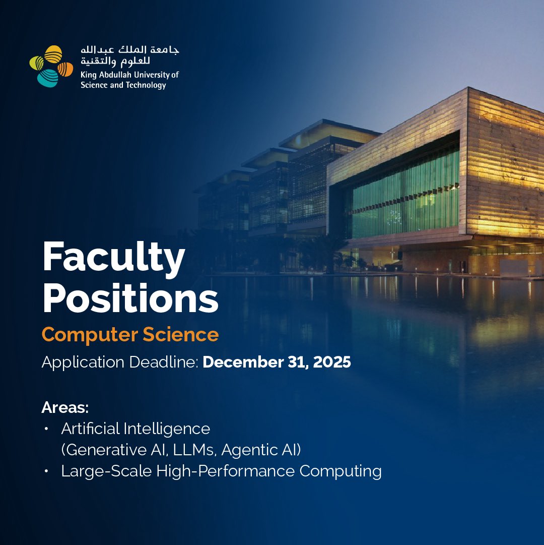 KAUST is hiring!

The Computer Science Program at #KAUST is inviting applications for faculty positions in Artificial Intelligence, with a focus on generative AI, #LLMs, or agentic AI, and in Large Scale High-Performance Computing.

With national investments driving massive