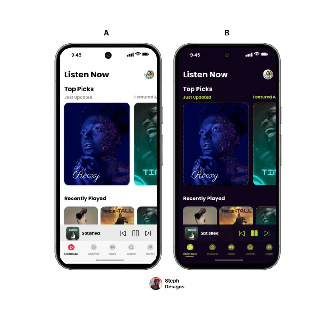 Steph_Kendric's tweet image. Just designed a Listen Now screen for a music app in both Light &amp;amp; Dark mode 🎧🔥

Honestly I love how both modes came out.

Did I cook guys?? 

#UIDesign #UXDesign #DesignDaily #Figma #DarkMode