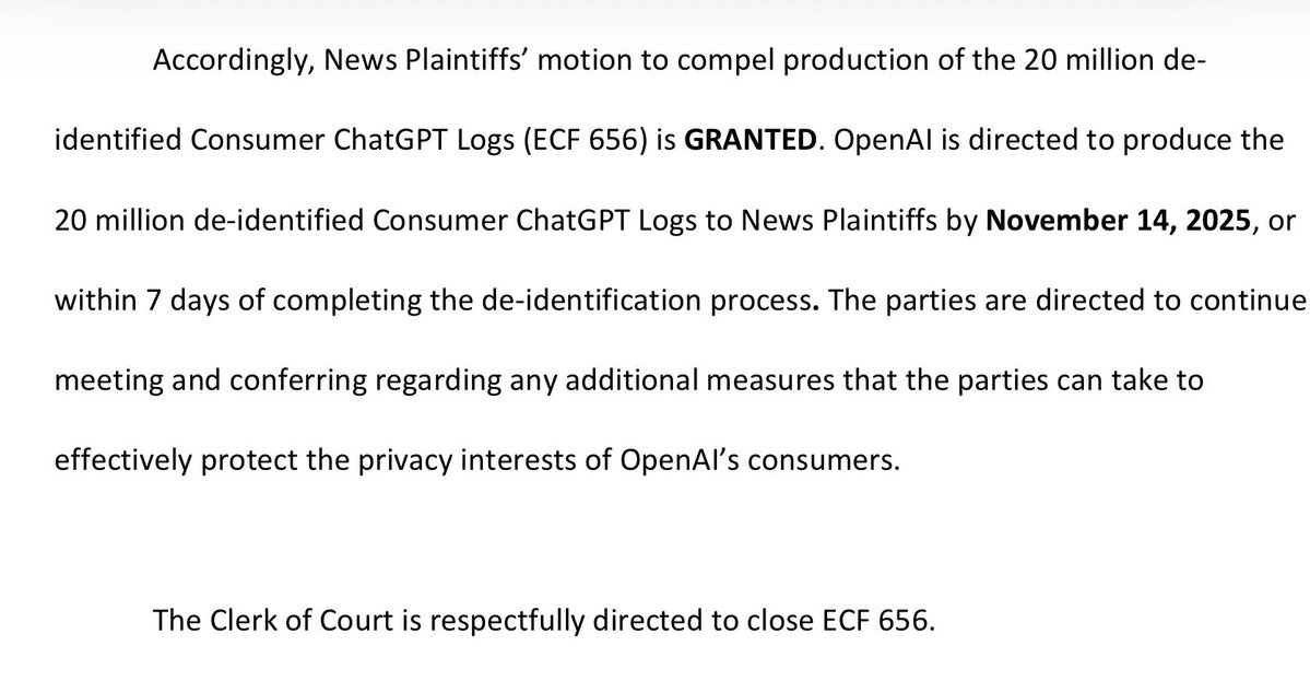 Big discovery win against OpenAI.